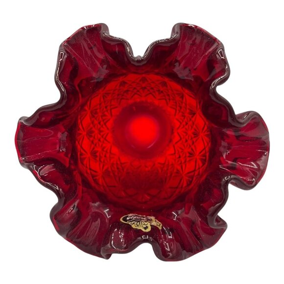 Fenton Art Glass Diamond Star Pattern Ruby Red Amberina Bowl Vase Ruffled Edge - Picture 6 of 12